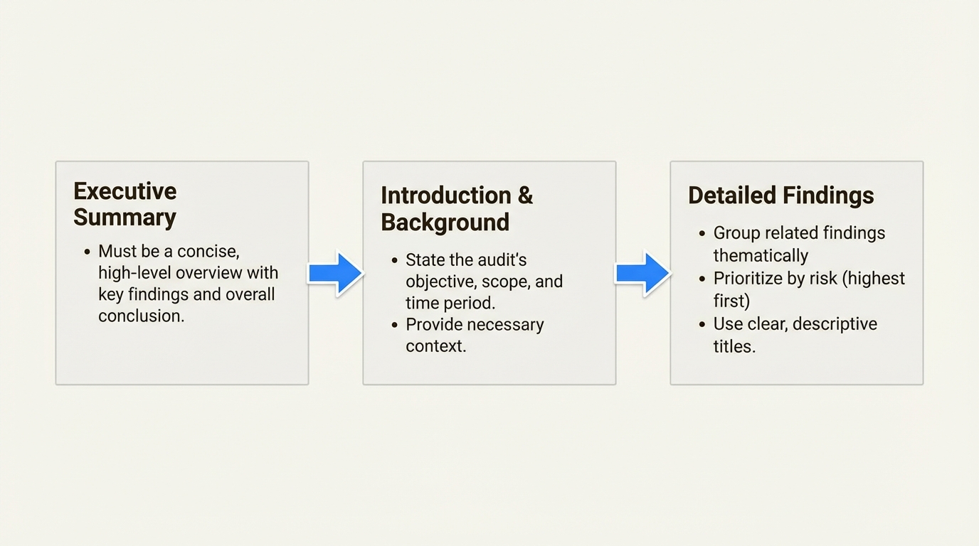 A workflow diagram outlining the best practices for structuring internal audit report writing, from the executive summary to the detailed findings.
