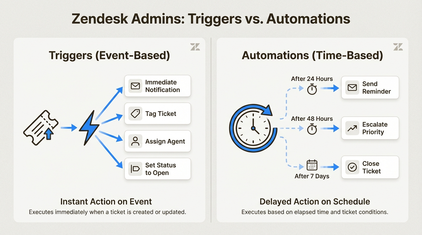 Linha do tempo da diferença entre gatilhos baseados em eventos e automações baseadas em tempo