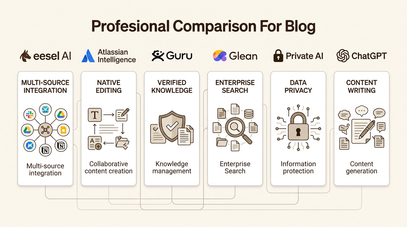 Grid categorizing the top AI for Confluence tools by their primary strengths