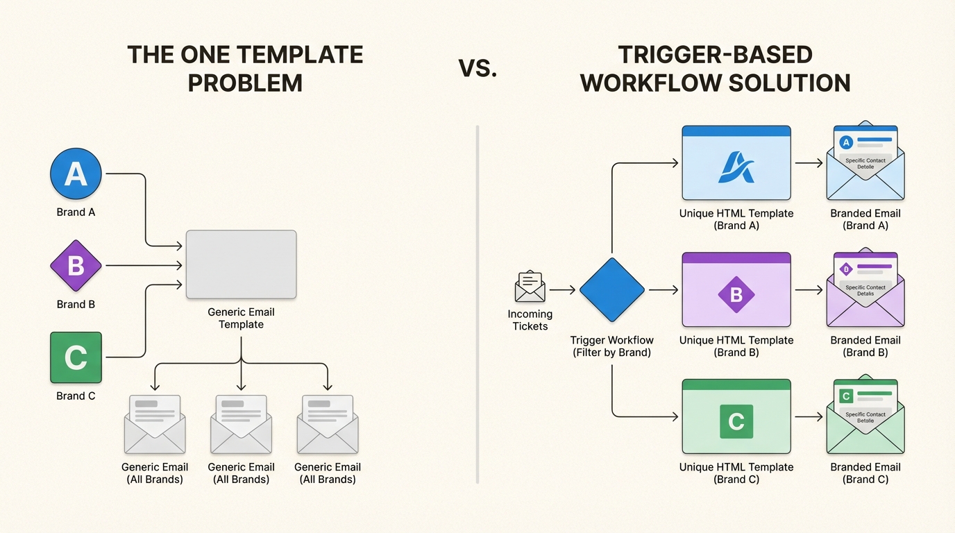 Usar gatilhos permite que as equipes de suporte ignorem a limitação de modelo único do Zendesk, fornecendo notificações de e-mail personalizadas e específicas da marca para cada cliente.