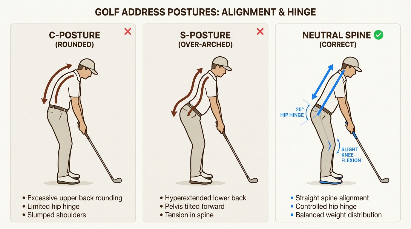 Adopting a neutral spine at address ensures that swing forces are distributed safely across your vertebrae rather than concentrated on one point.