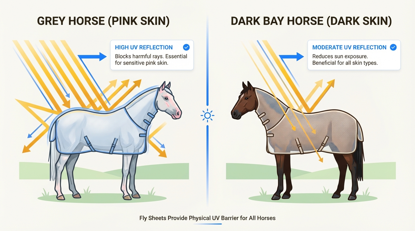 Light-colored horse protected from sunburn and coat bleaching by a UV-blocking fly sheet