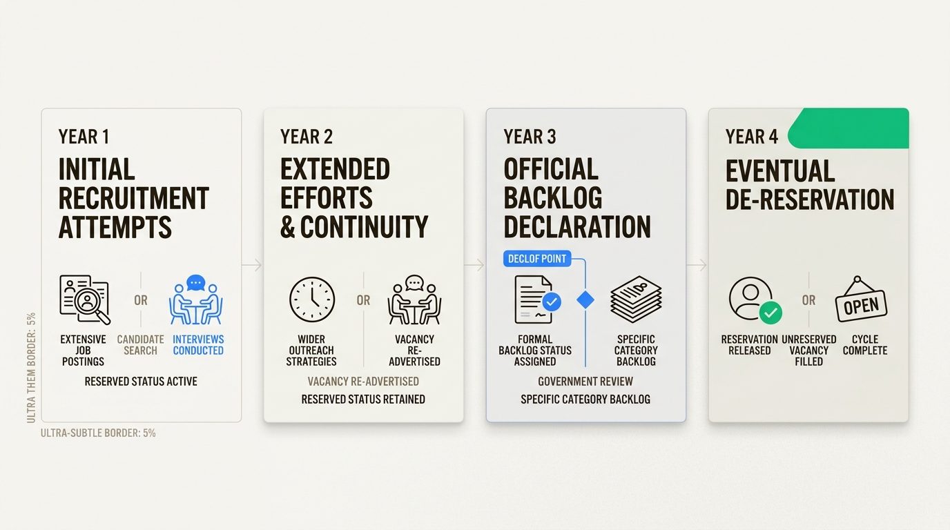 Legal timeline showing vacancy progression toward de-reservation after three years