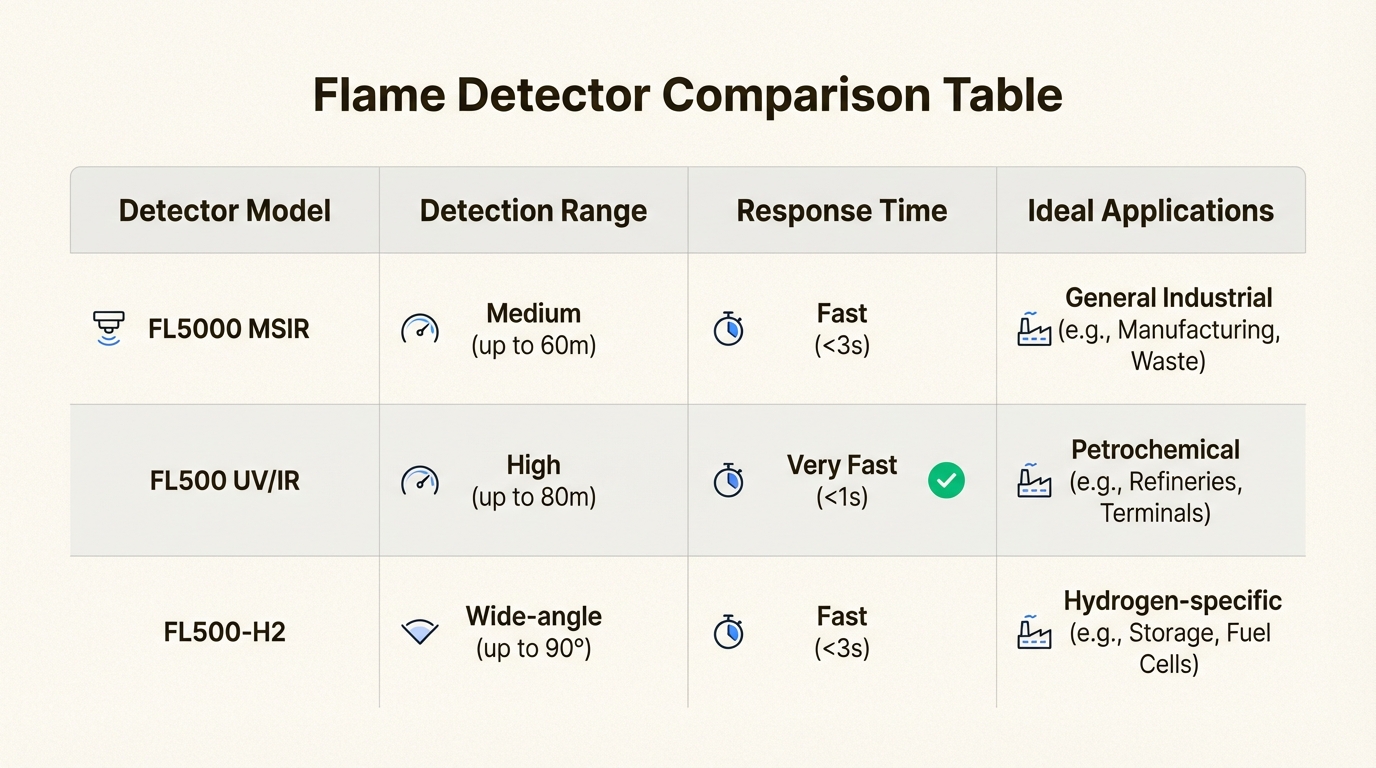Selection depends on fuel type, detection range requirements, and false alarm sensitivity