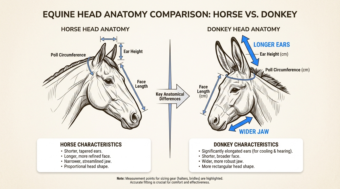 Donkey head anatomy showing unique proportions for proper fly mask fitting