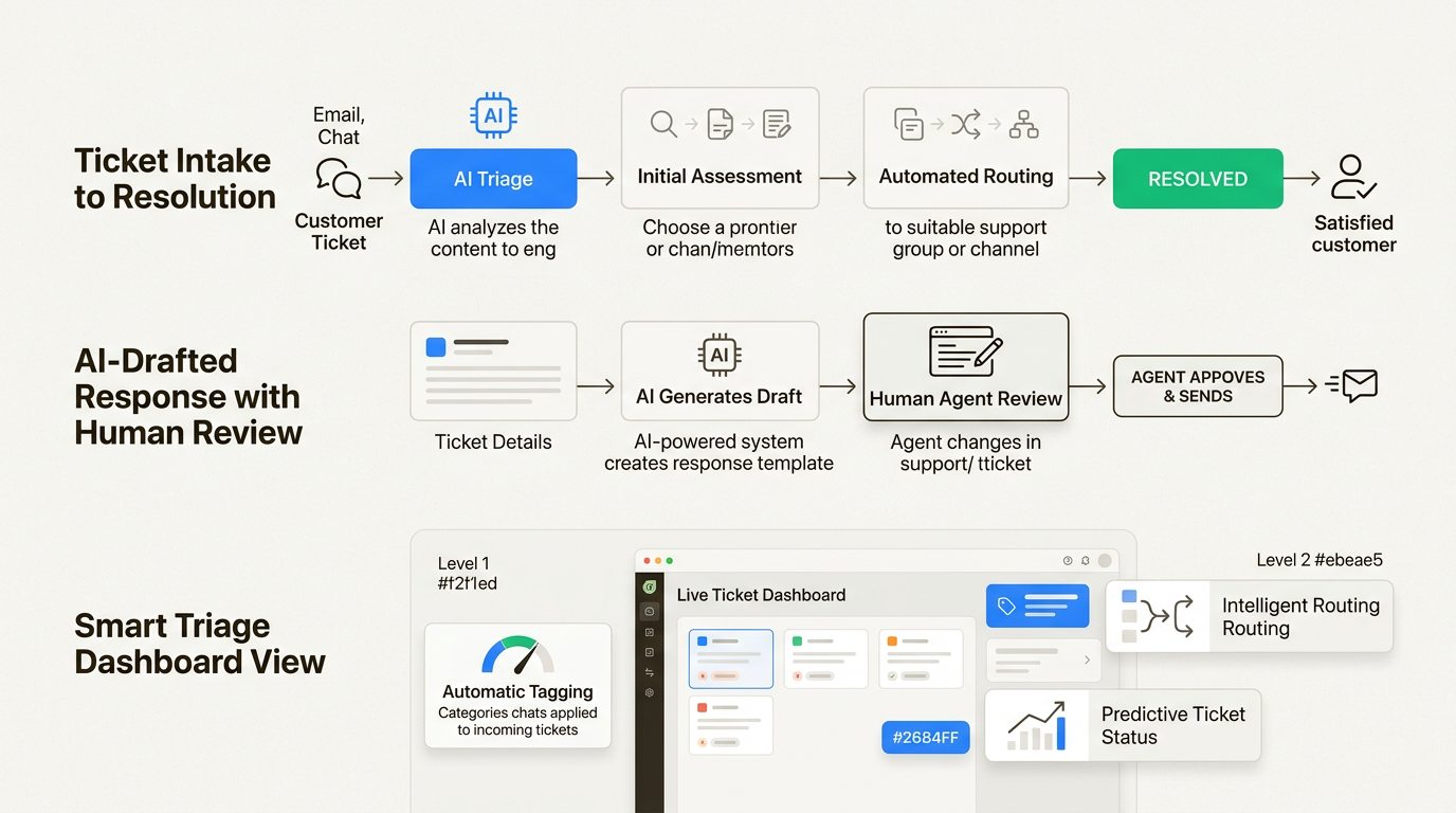 Três capacidades principais de IA para Freshdesk: resolução autônoma, assistência ao agente e triagem inteligente.