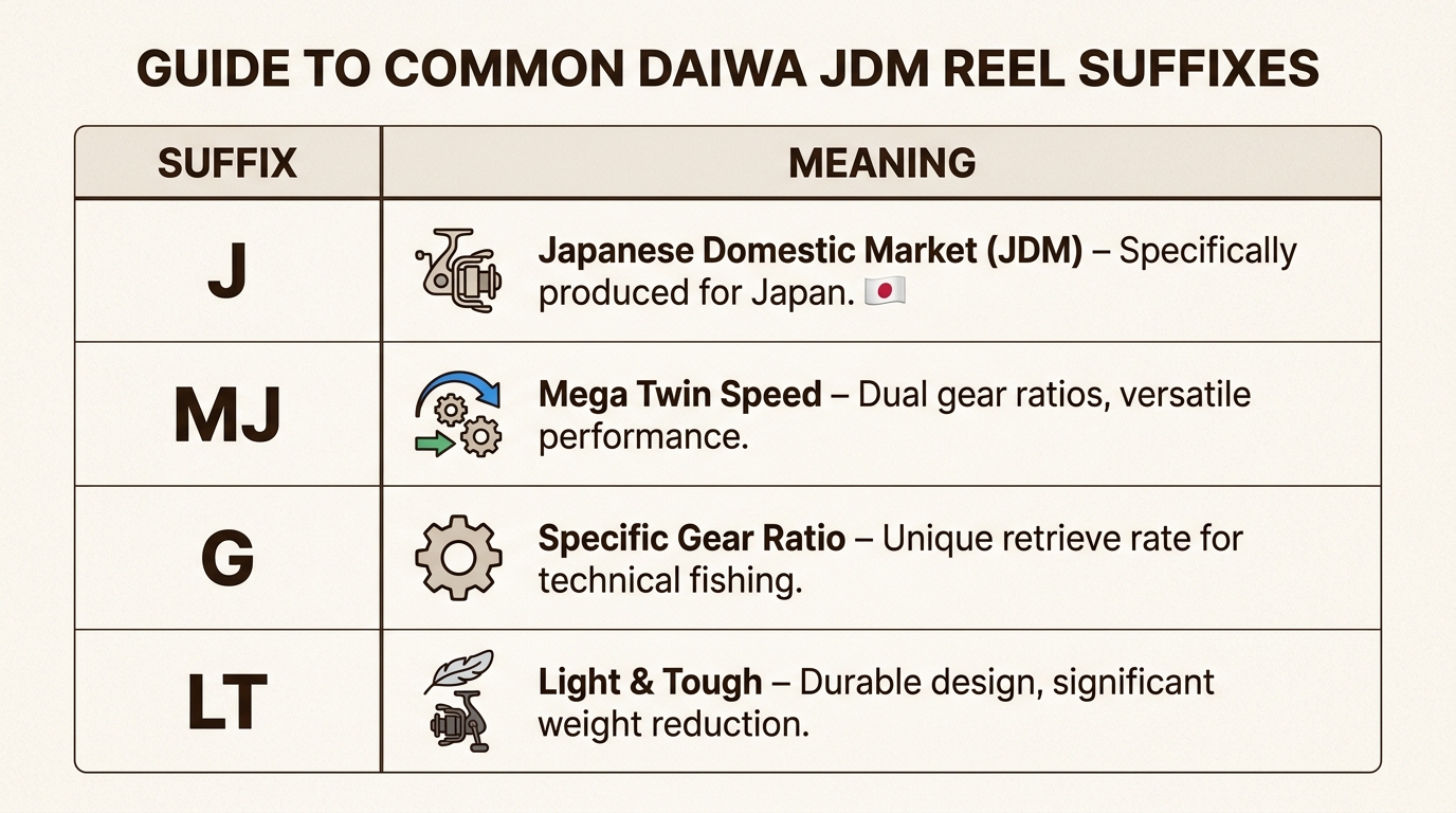 Quickly decode Daiwa reel product codes with this reference table, helping you identify specific features and market intent.
