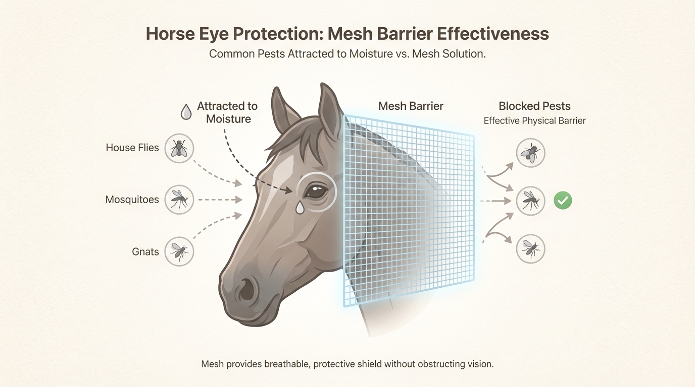 Fly masks create a physical barrier against disease-carrying insects that are naturally drawn to the moisture around a horse's eyes.