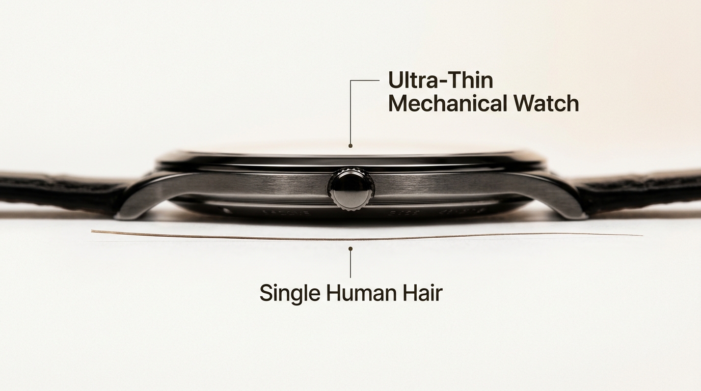 This visual demonstrates the extraordinary engineering challenge of ultra-thin watches, where a hair's width can define a world record.