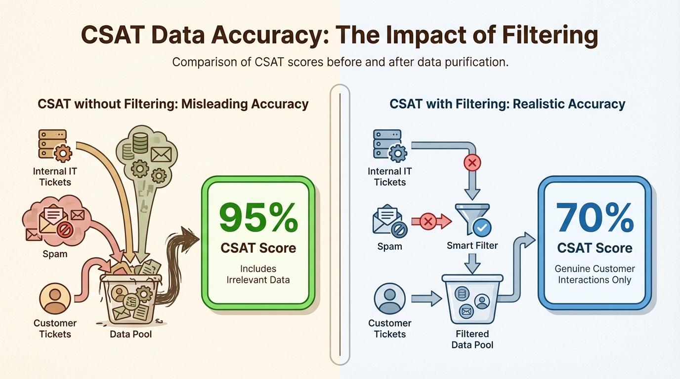 Le filtrage des tickets non-clients empêche les mesures biaisées pour des niveaux de satisfaction réalistes