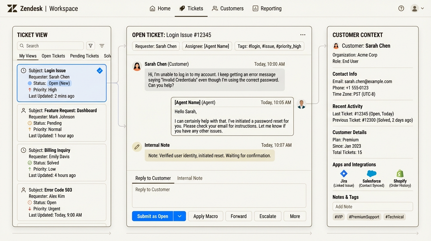 Espaço de trabalho do agente do Zendesk com painel de visualização de tickets, área de conversa e barra lateral de contexto do cliente.