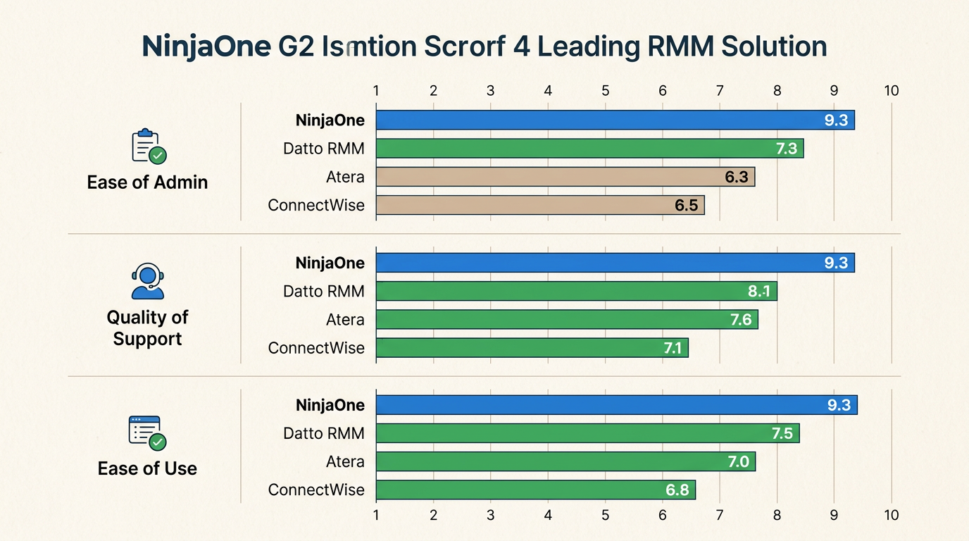 NinjaOne consistently outperforms major competitors in user satisfaction metrics, specifically for ease of administration and high-quality technical support.
