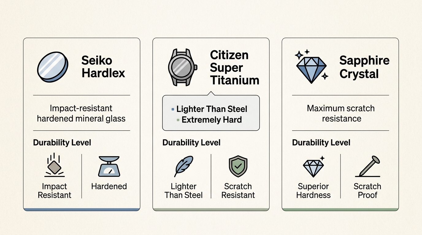 Understanding the properties of materials like Hardlex, Super Titanium, and Sapphire crystal is crucial for choosing a watch that withstands your daily activities.