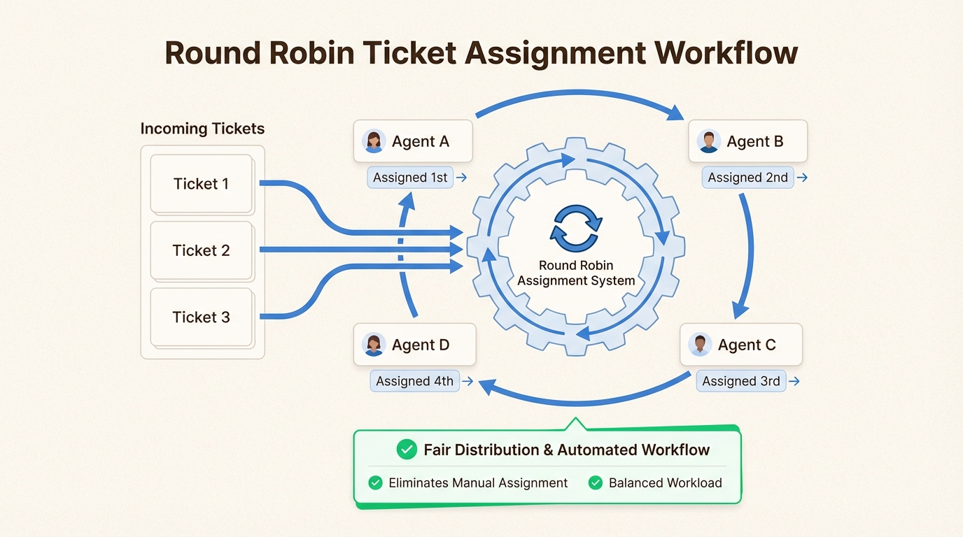 Distribuição de tickets Round robin visualizada como cartas sendo distribuídas uniformemente entre os agentes
