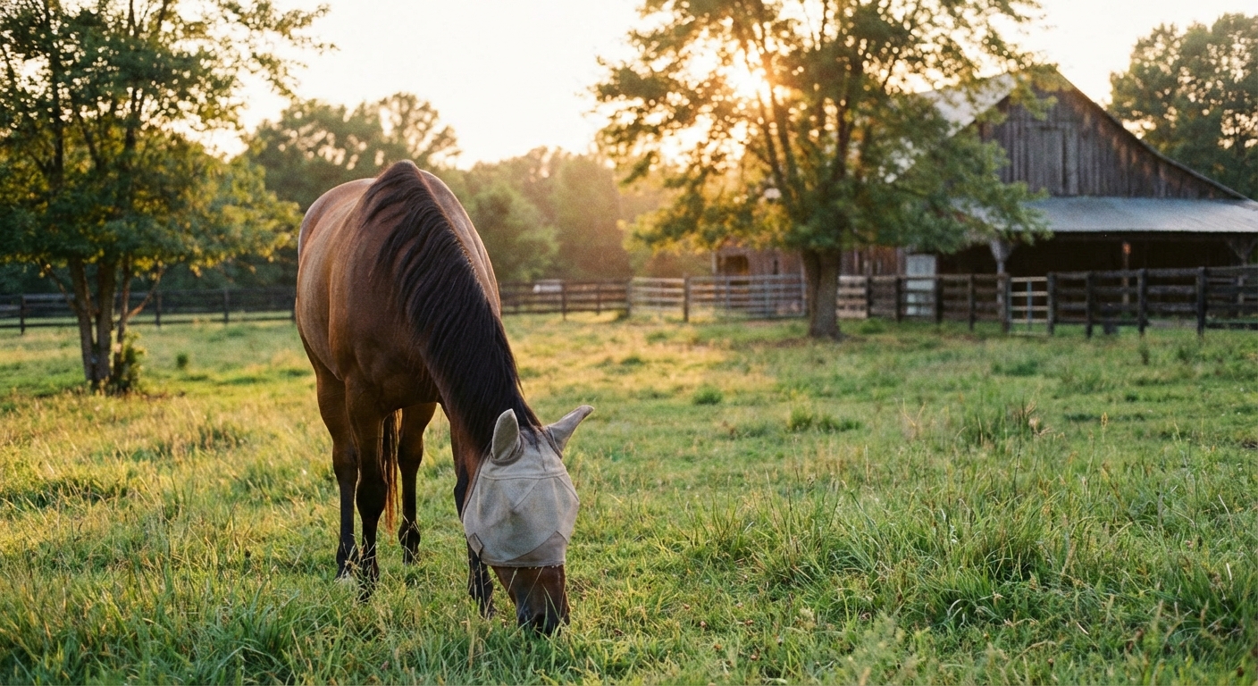 Horse wearing a protective fly mask during evening turnout