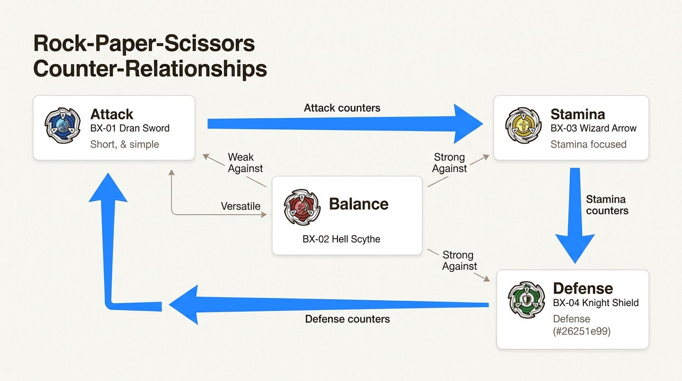 Mastering the fundamental counter-relationships between Attack, Defense, Stamina, and Balance Beyblade types is crucial for competitive success.