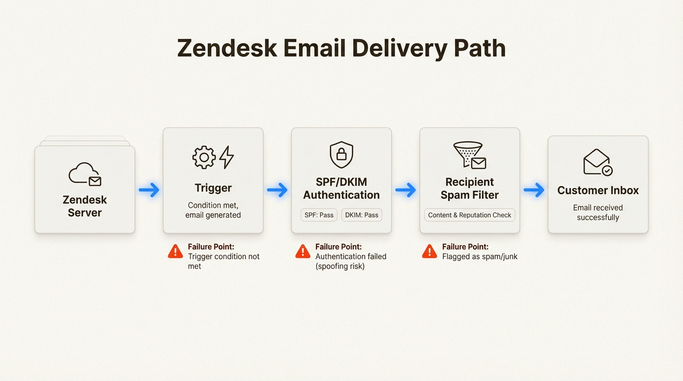 Carte de distribution mettant en évidence les points de contrôle critiques où les notifications Zendesk peuvent échouer avant d'atteindre la boîte de réception de votre client