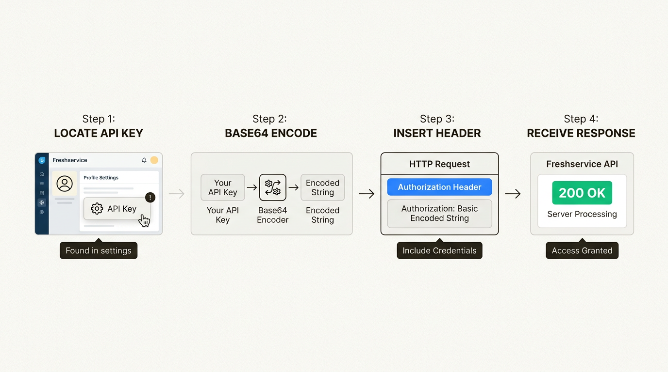 この安全な認証ワークフローに従うことで、外部アプリケーションが固有のAPI資格情報を使用してFreshserviceと安全に通信できるようになります。