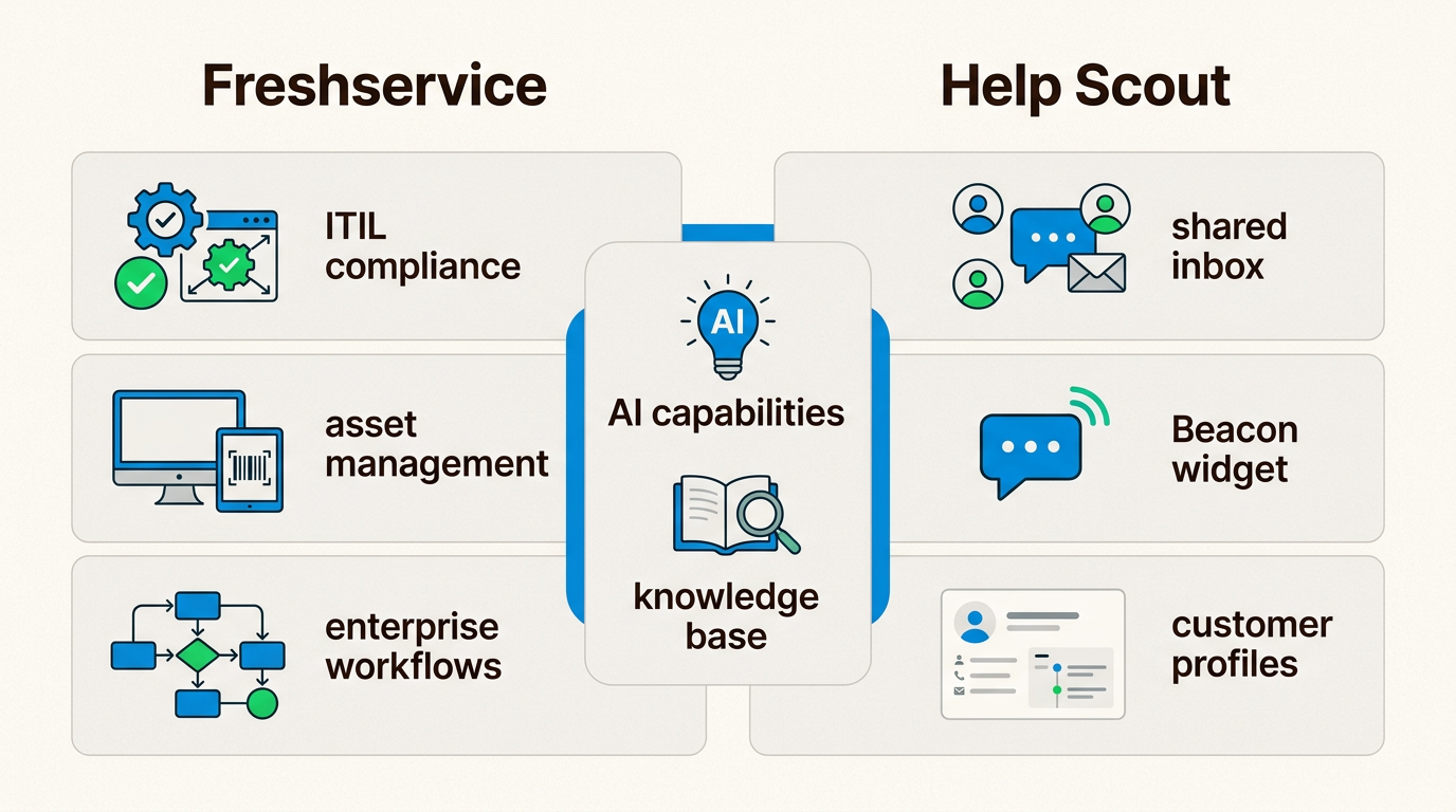Comparación visual de las capacidades de ITSM de Freshservice frente al enfoque de atención al cliente de Help Scout