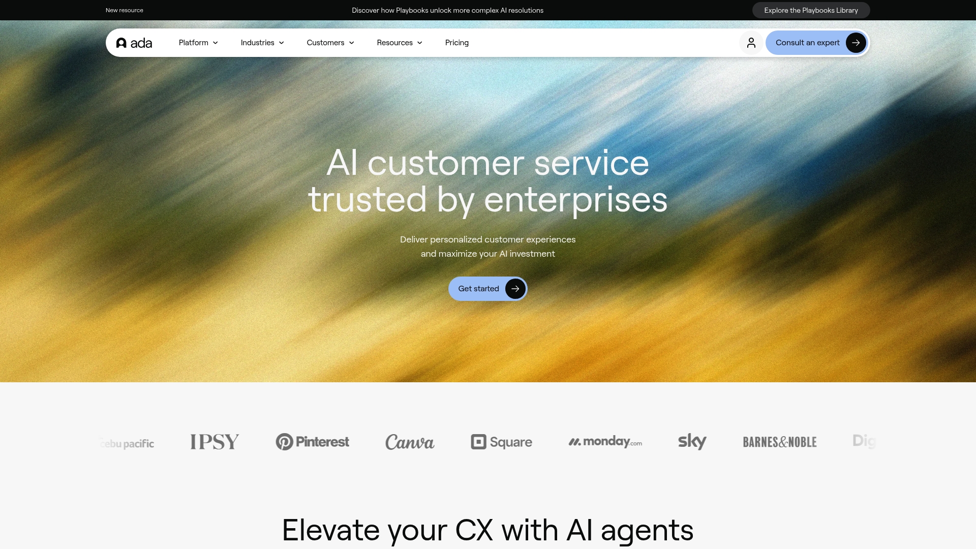 A screenshot of the Ada homepage, a platform specializing in no-code chatbot AI tools for customer support teams.