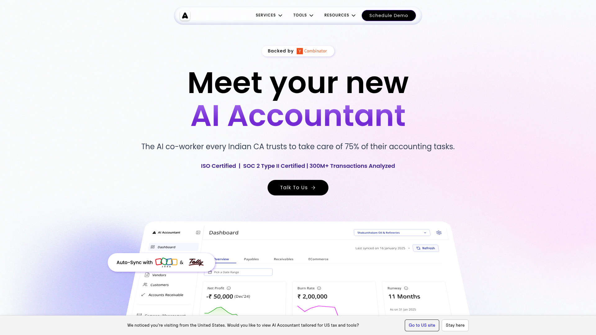 A screenshot of the AI Accountant homepage, one of the leading AI tools for CA practice in India.