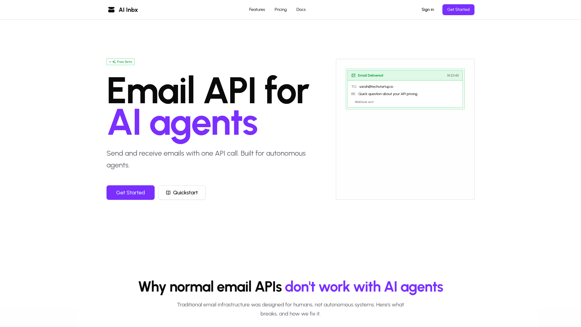 Página inicial do AI Inbx com API de e-mail para agentes de IA