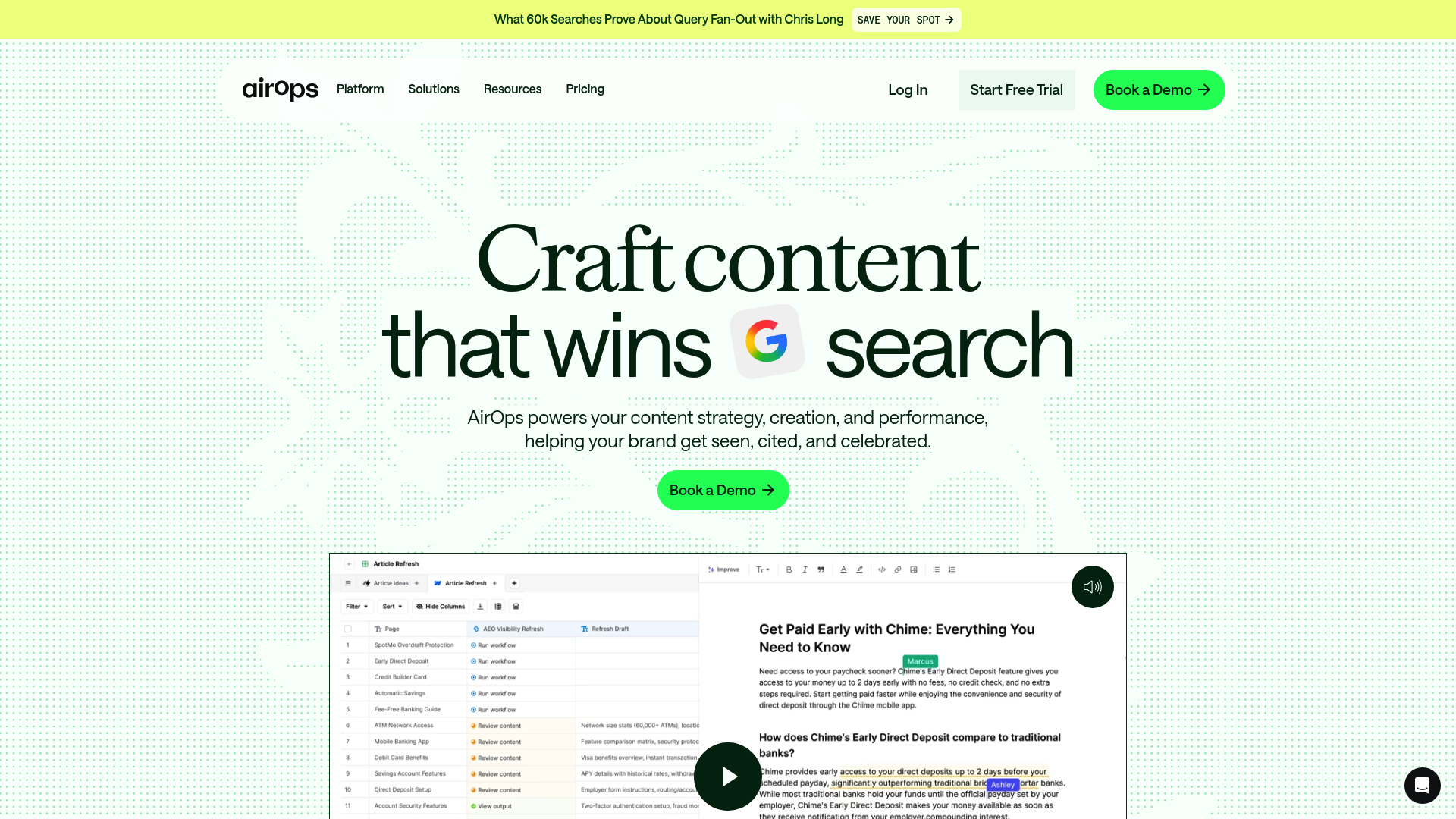 カスタムワークフローに最適なSEO最適化AIツールの一つである、AirOpsのウェブサイトのスクリーンショット。