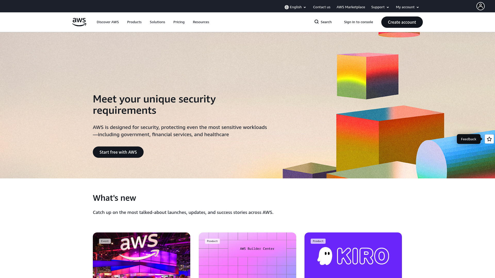 A screenshot of the Amazon Web Services homepage, an essential background service that is an Amazon product must have for mom.
