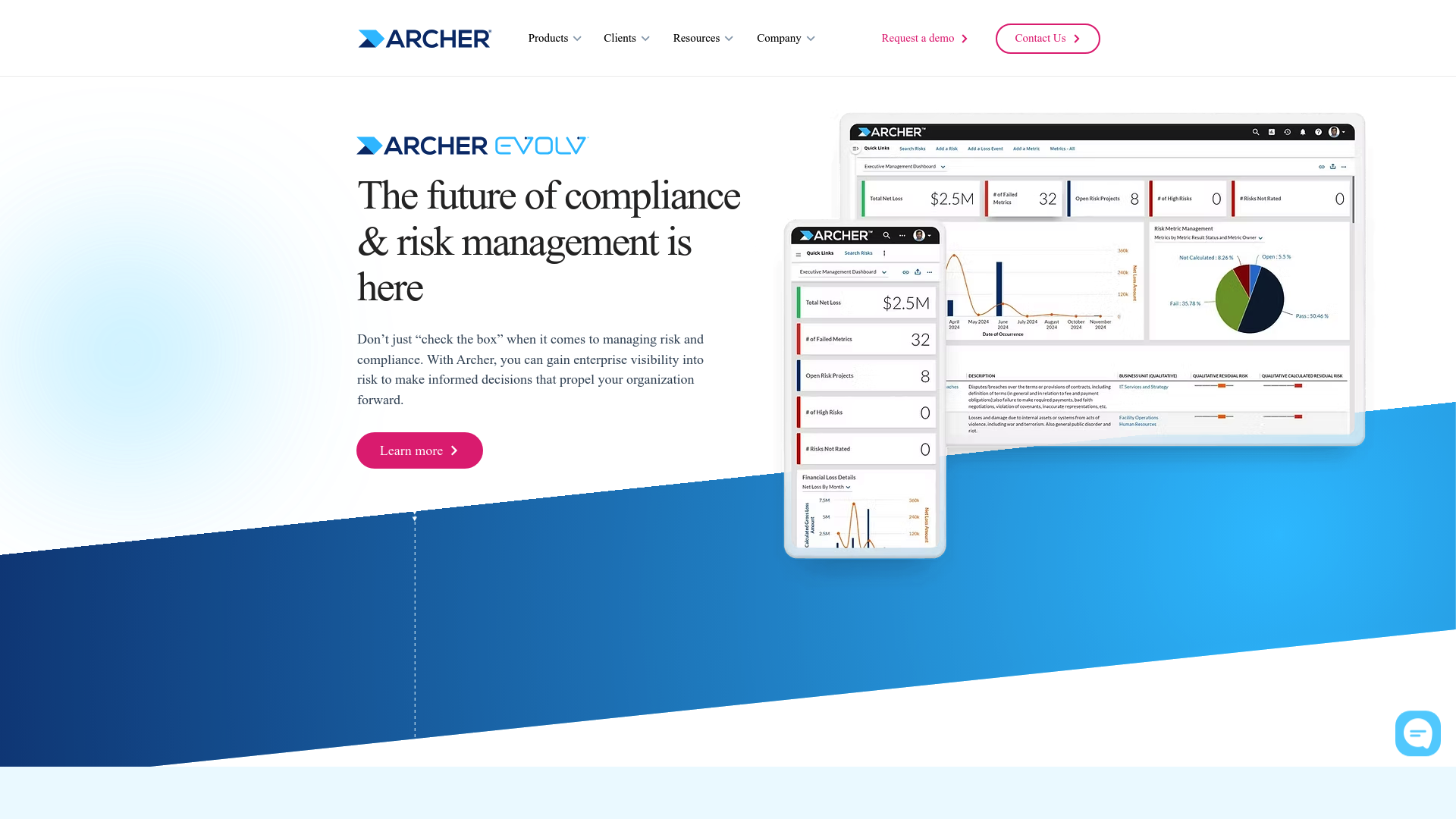 A screenshot of the Archer homepage, an enterprise-grade GRC platform from one of the leading GRC software companies in the USA.