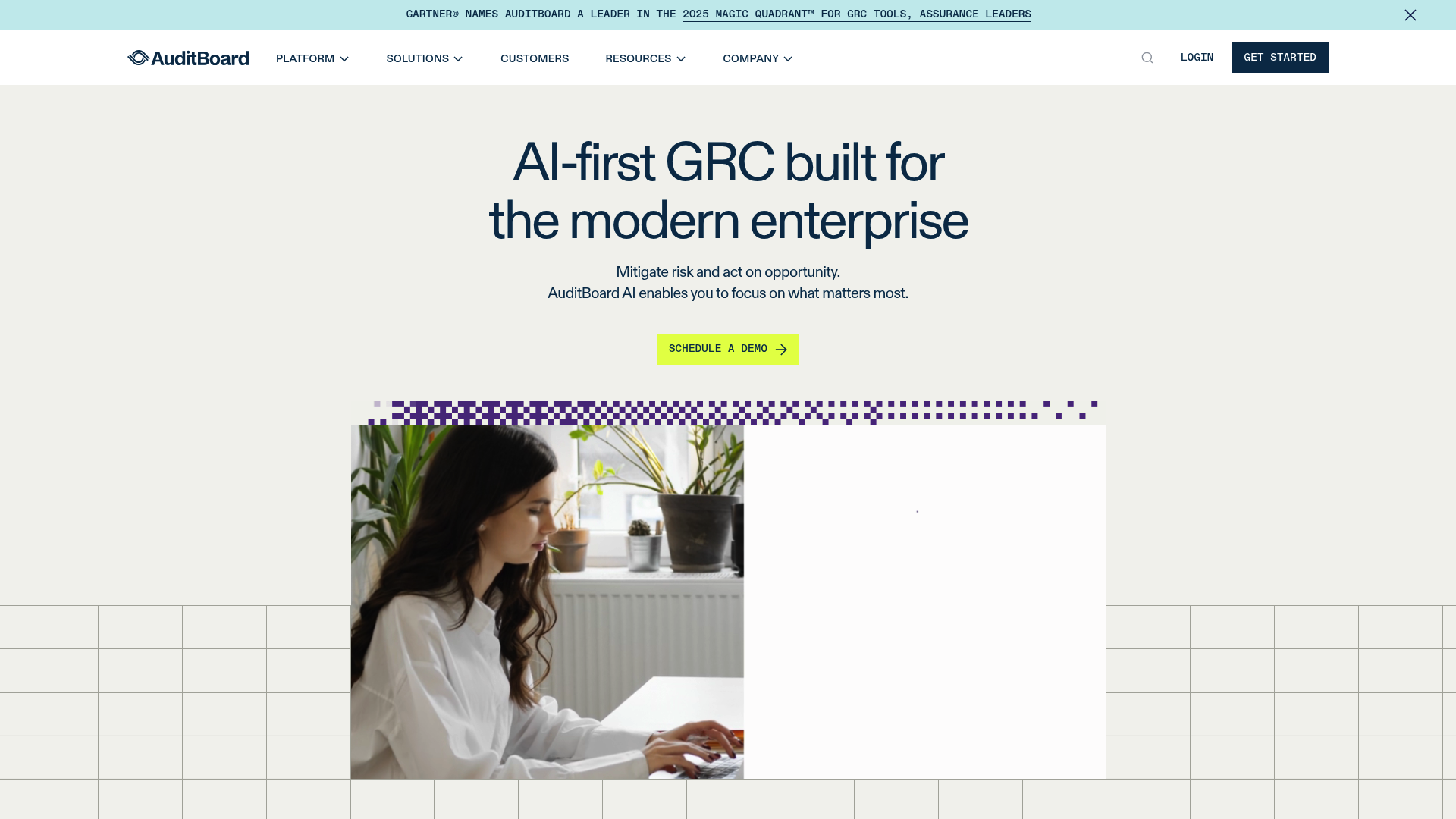 A screenshot of the AuditBoard homepage, a connected risk platform from one of the top GRC software companies in the USA for audit and compliance.