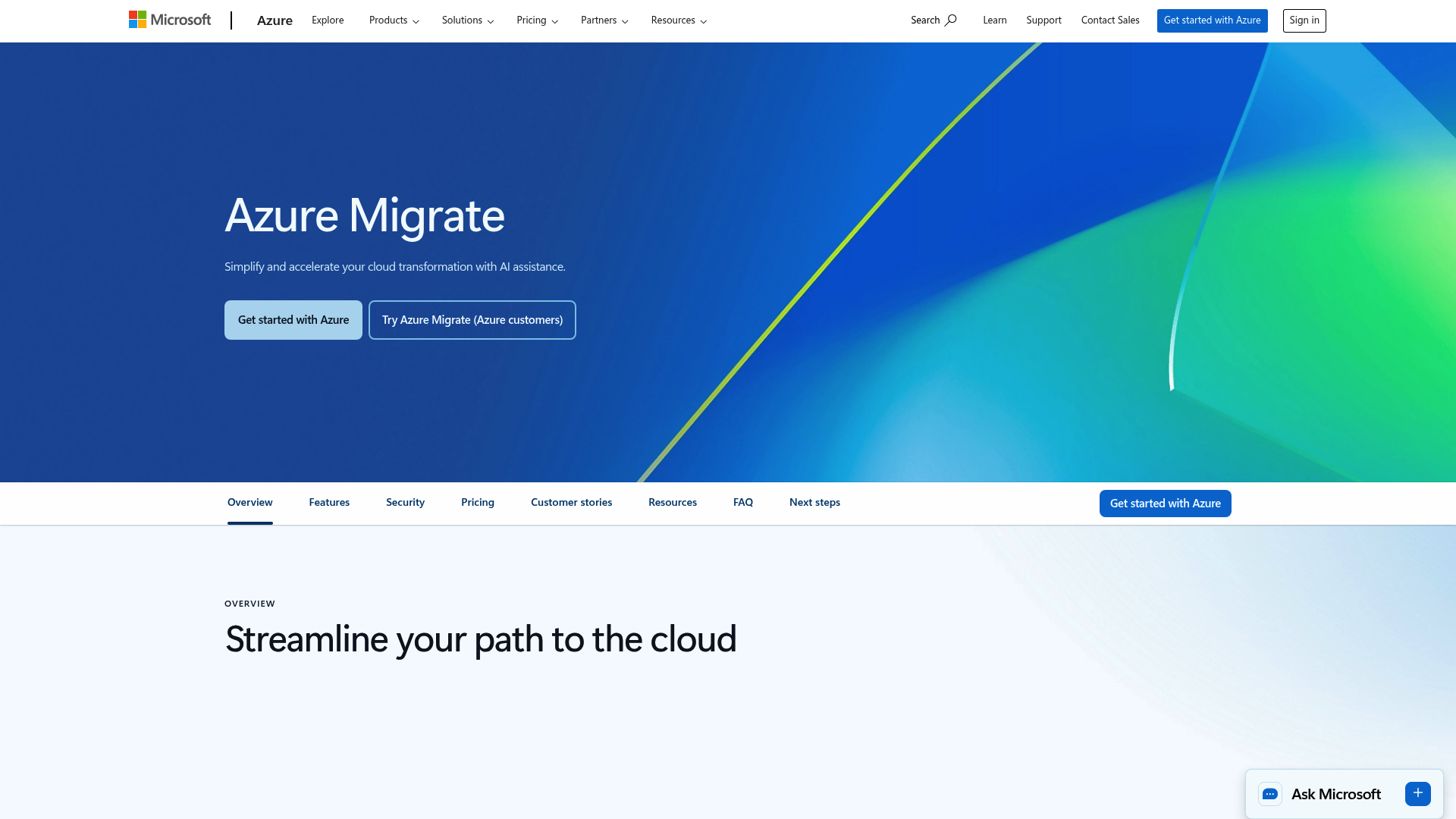 A screenshot of the Azure Migrate product page, highlighted as one of the best cloud data migration tools.