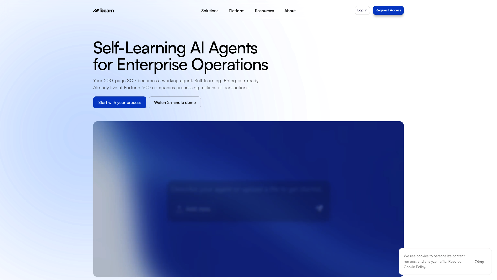 Página inicial do Beam.ai mostrando integrações de agentes de IA para ferramentas de negócios.