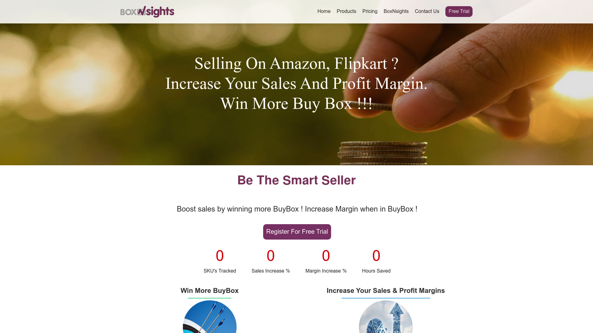 A screenshot of the BoxNsights landing page, an AI-powered repricing software in the category of Flipkart seller tools.