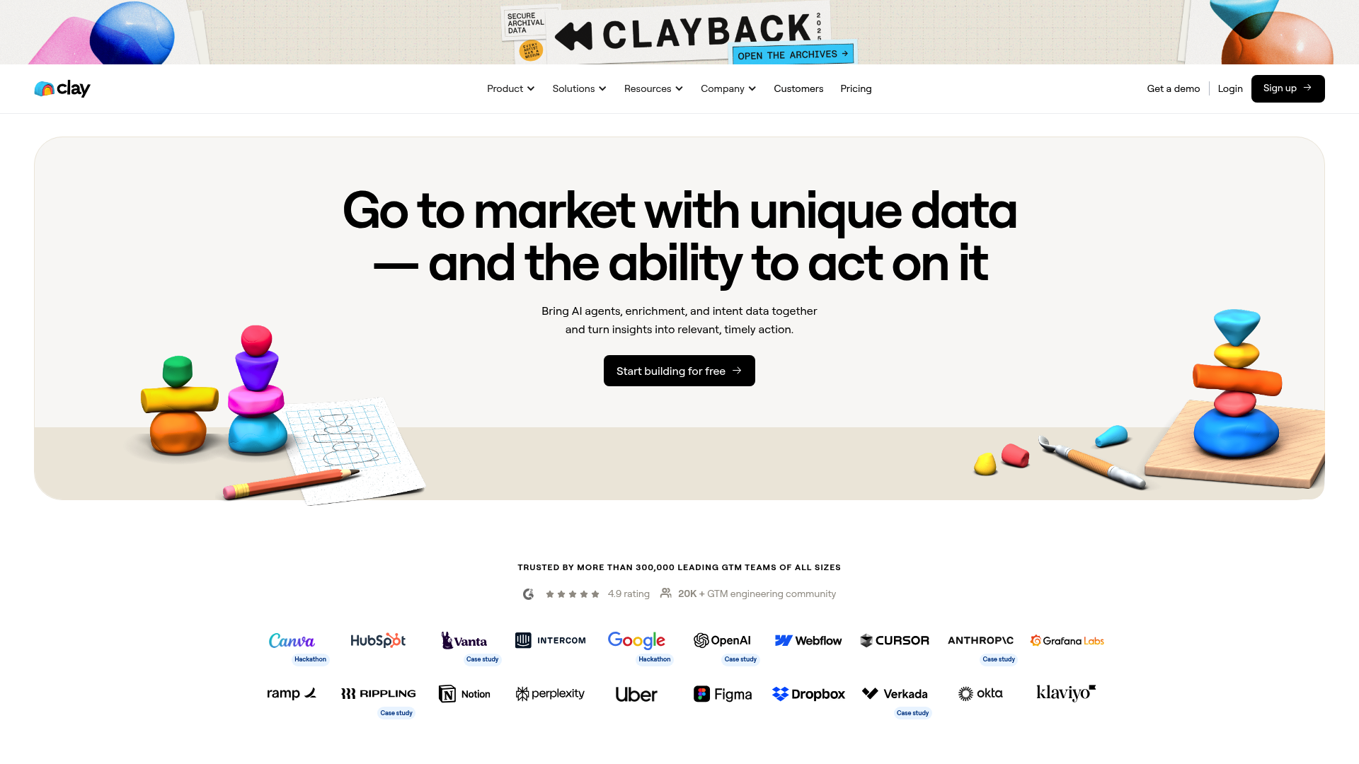 A screenshot of the Clay homepage, an example from our list of the best web design agencies in the USA.