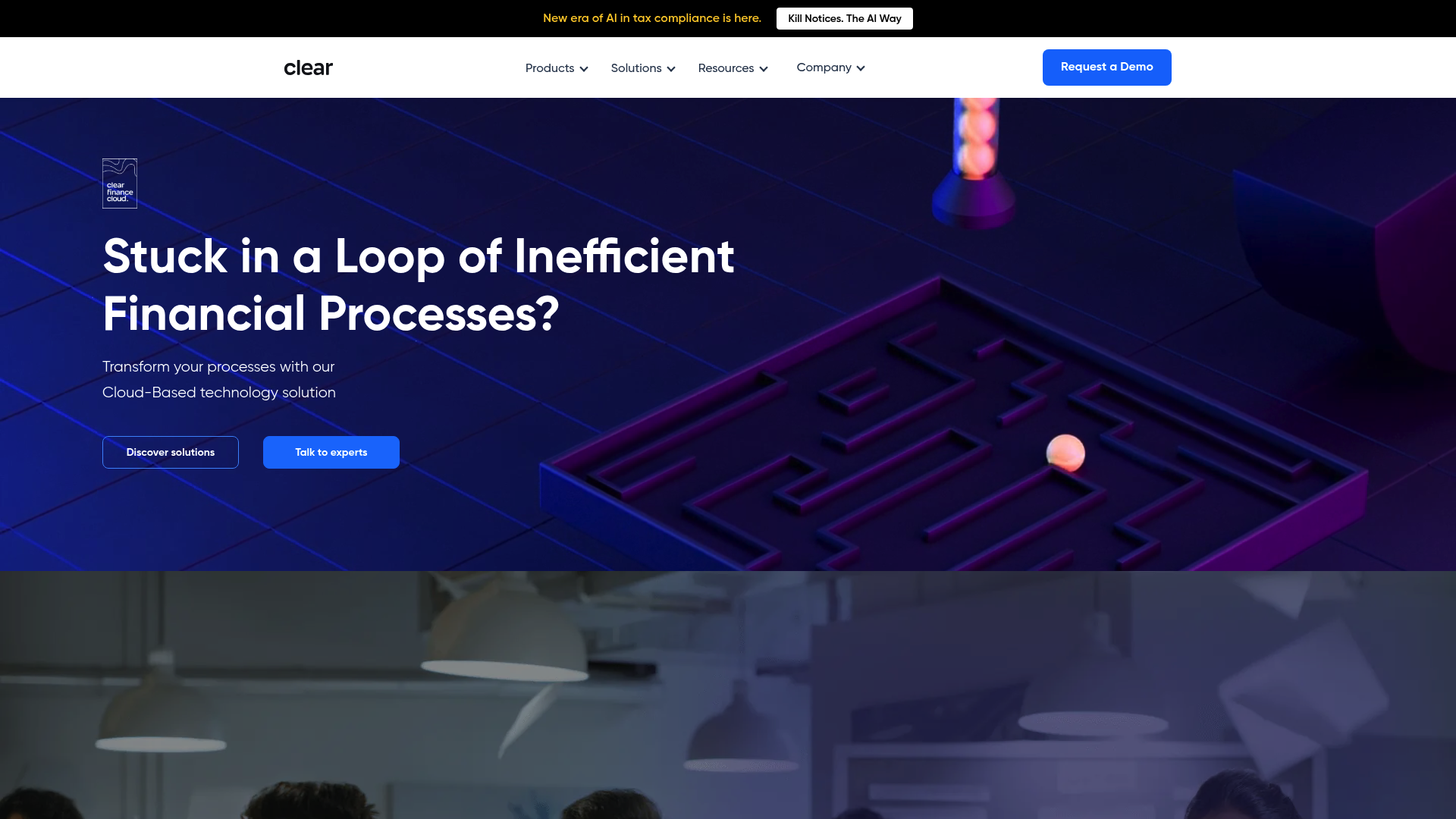 A screenshot of the Clear Finance Cloud website, a specialized AI tool for CA practice focused on GST compliance.