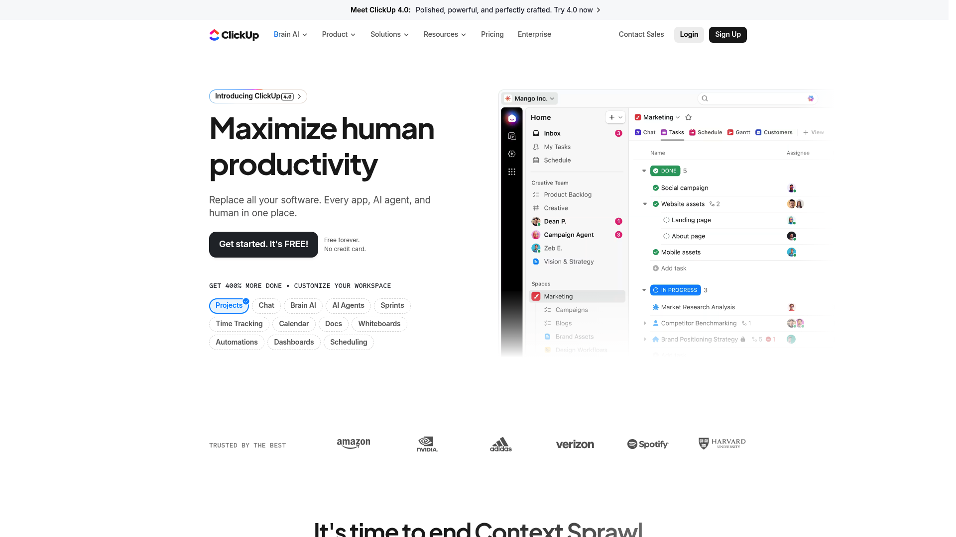 Página de inicio de la plataforma de gestión del trabajo rica en funciones de ClickUp