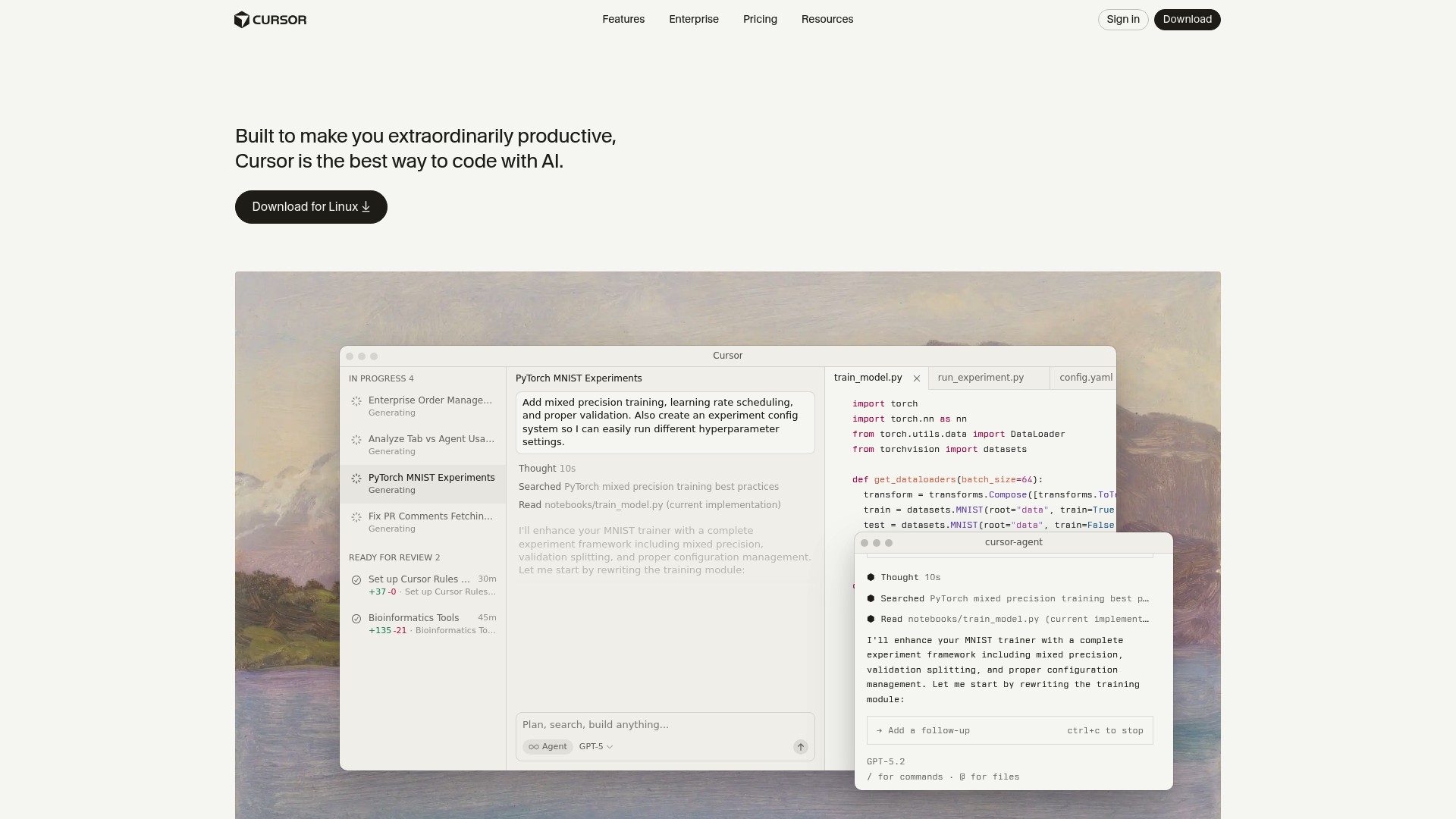 A screenshot of the landing page for the Cursor code editor, built for AI-native development.