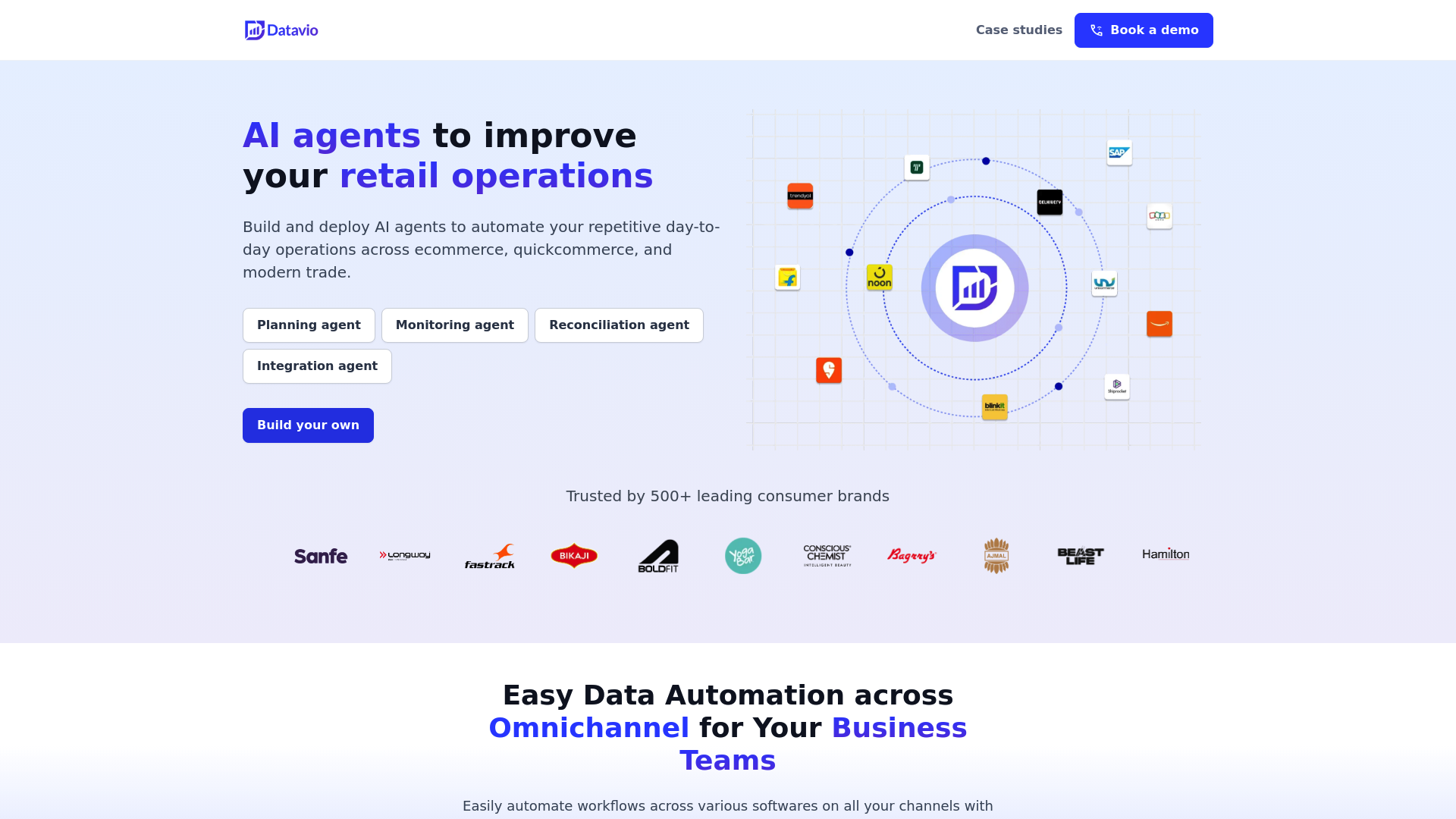 A screenshot of the Datavio website homepage, a popular choice among Flipkart seller tools for data analysis.