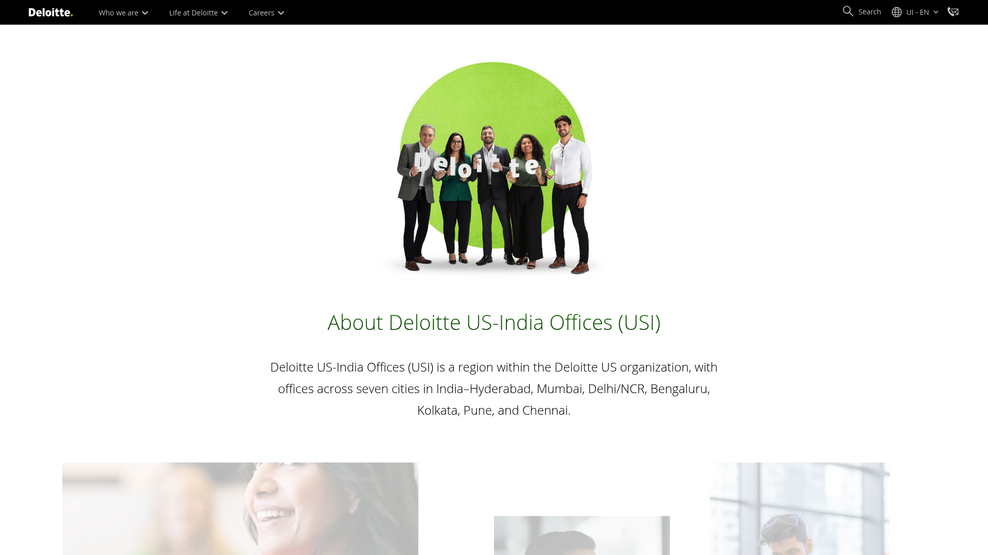 A screenshot of the Deloitte India landing page, a key point of comparison in the Deloitte India vs Deloitte USI debate.