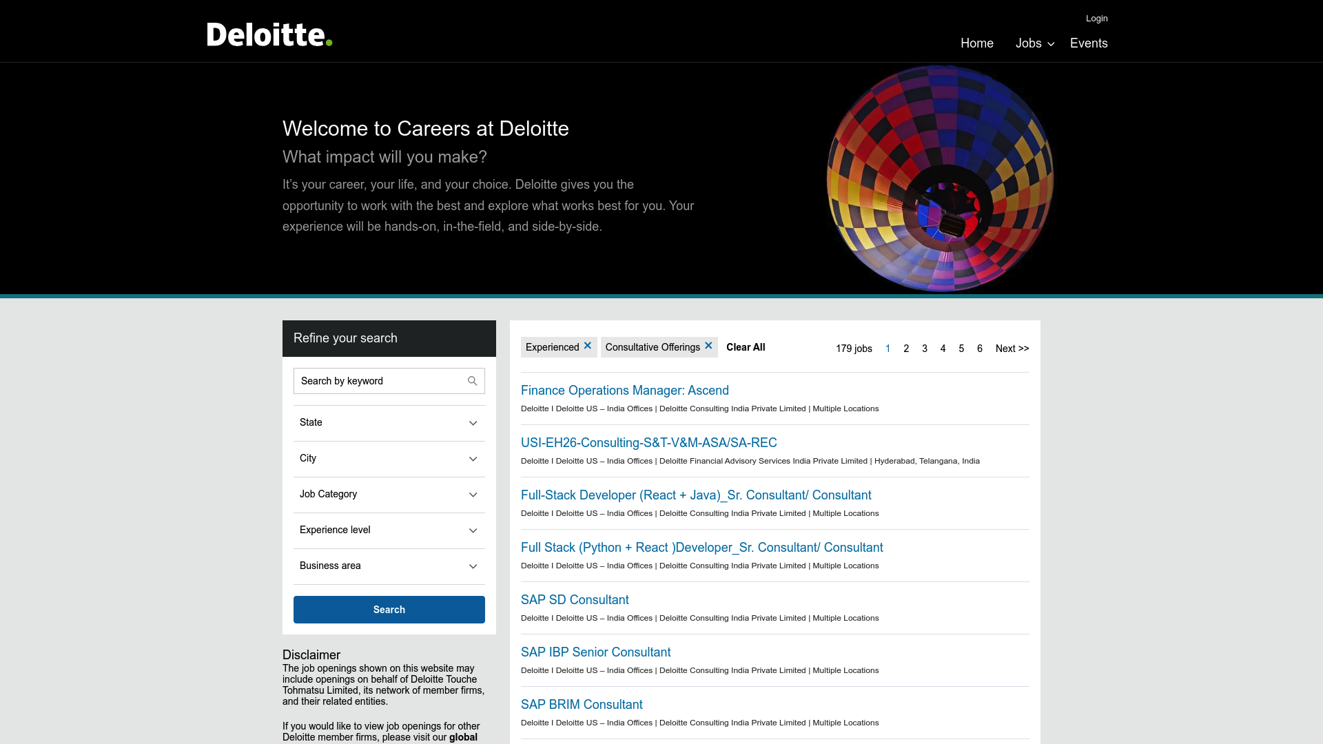 A screenshot of the Deloitte USI careers page, illustrating a key difference in the Deloitte India vs Deloitte USI discussion.