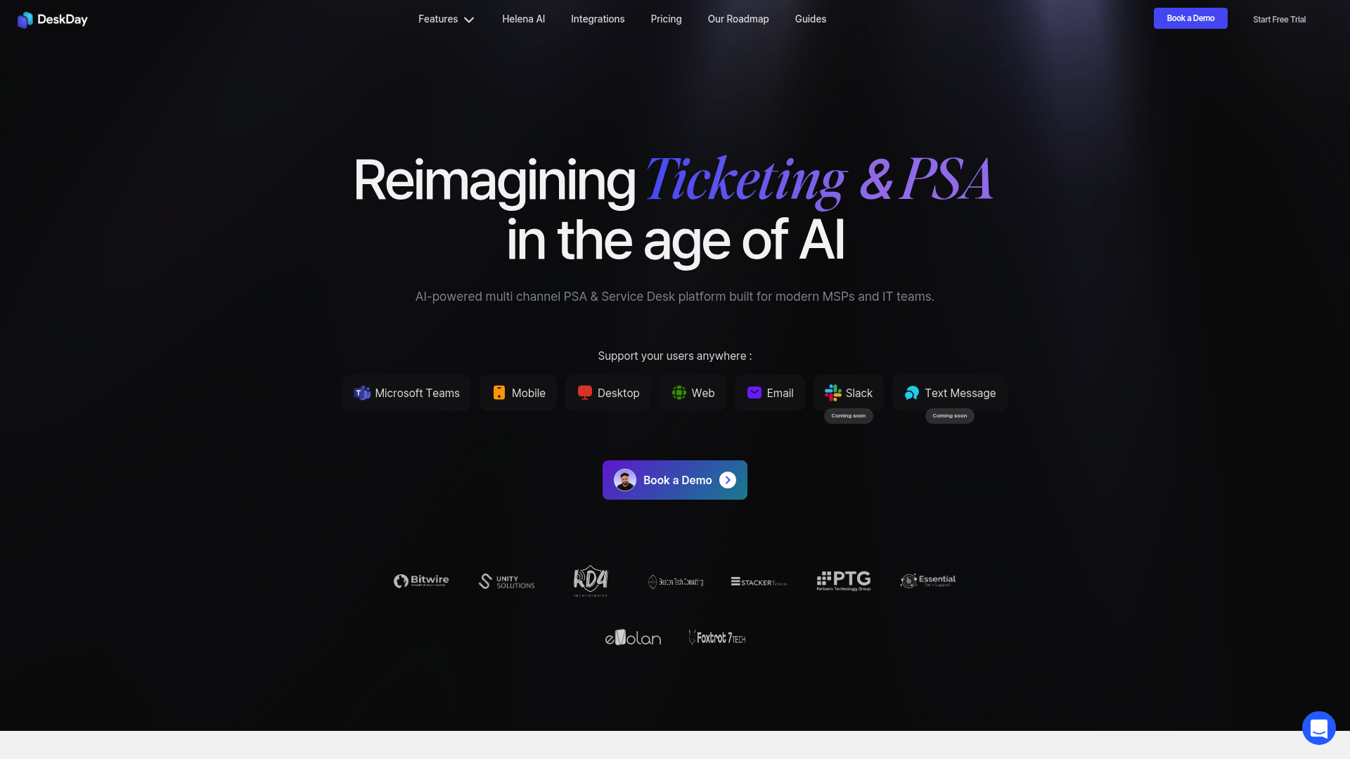 DeskDay landing page with chat-first PSA messaging