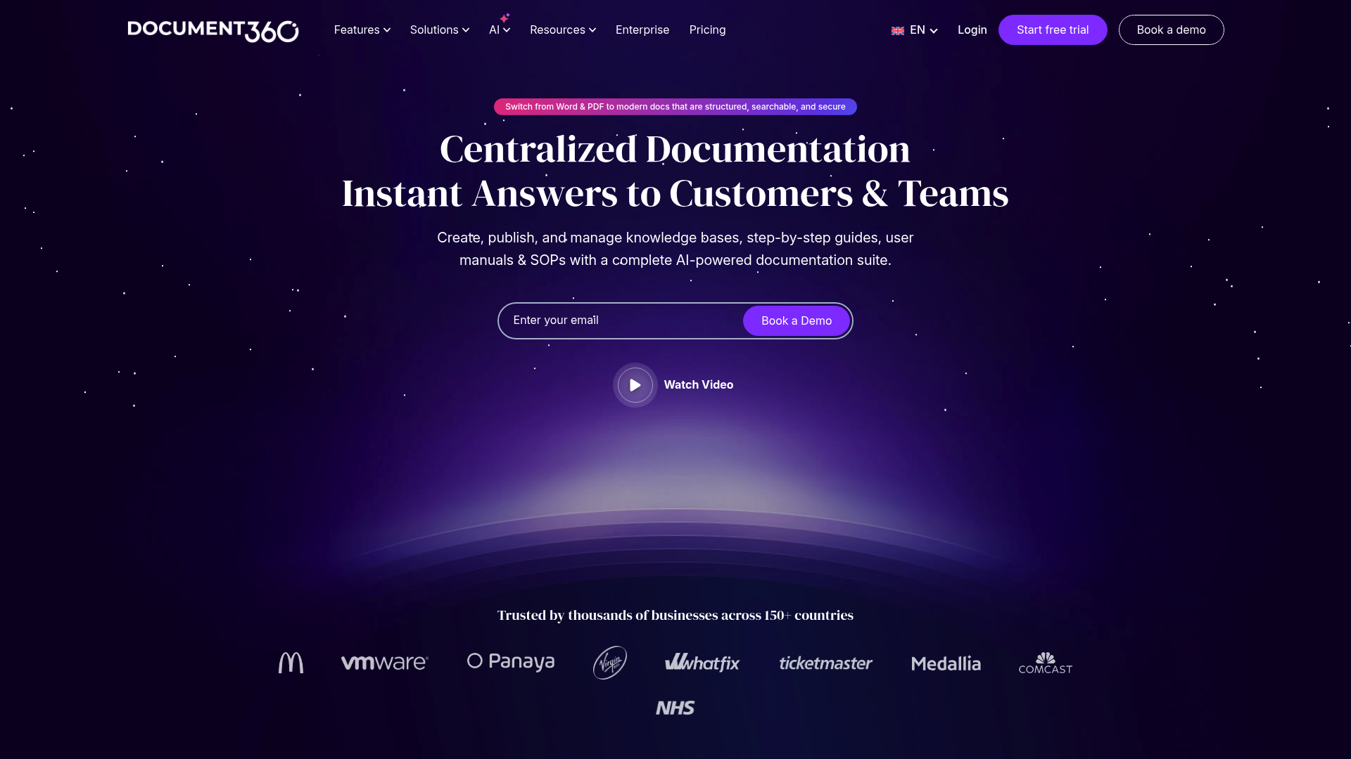 Una captura de pantalla de la página de inicio de Document360.