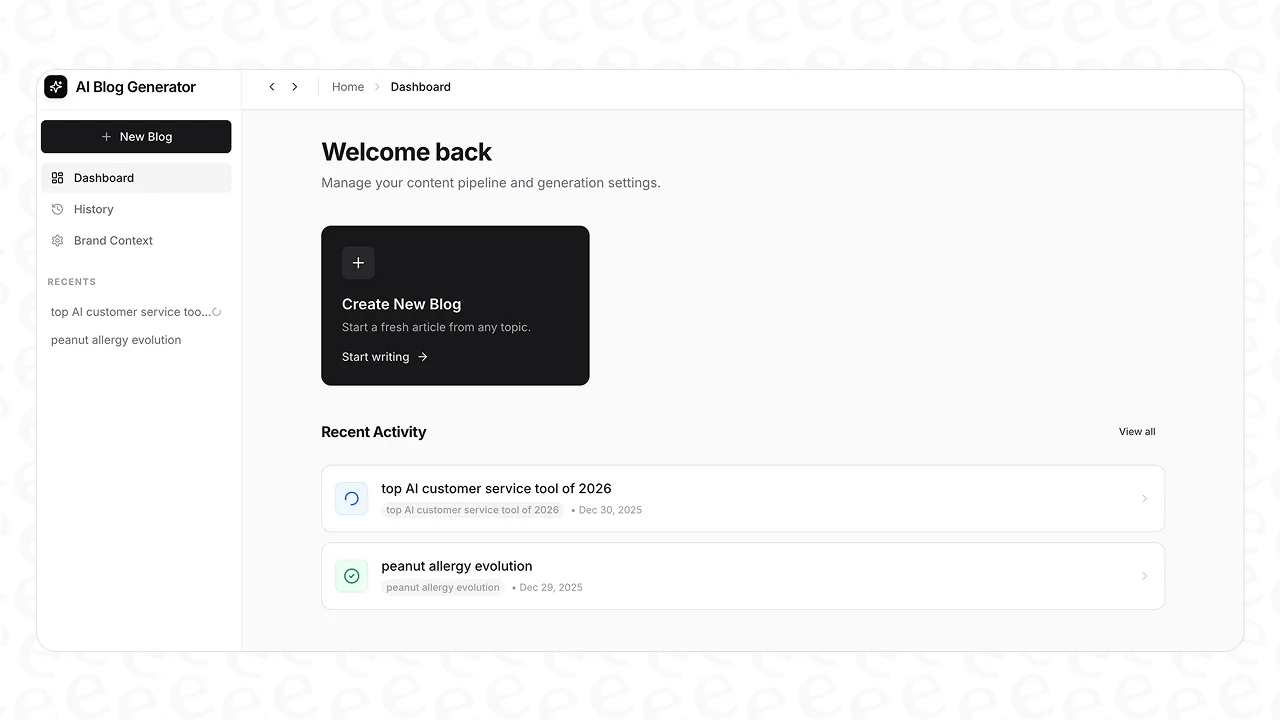 El panel de control del escritor de blogs de eesel AI, una herramienta de creación de contenido impulsada por IA para el marketing en redes sociales.