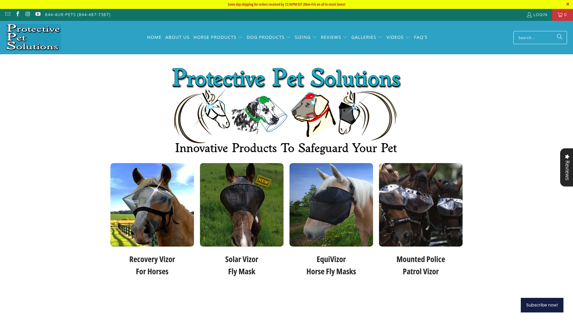 A screenshot of the Protective Pet Solutions EquiVizor fly mask product page, a specialized option for UV protecting fly masks for horses.