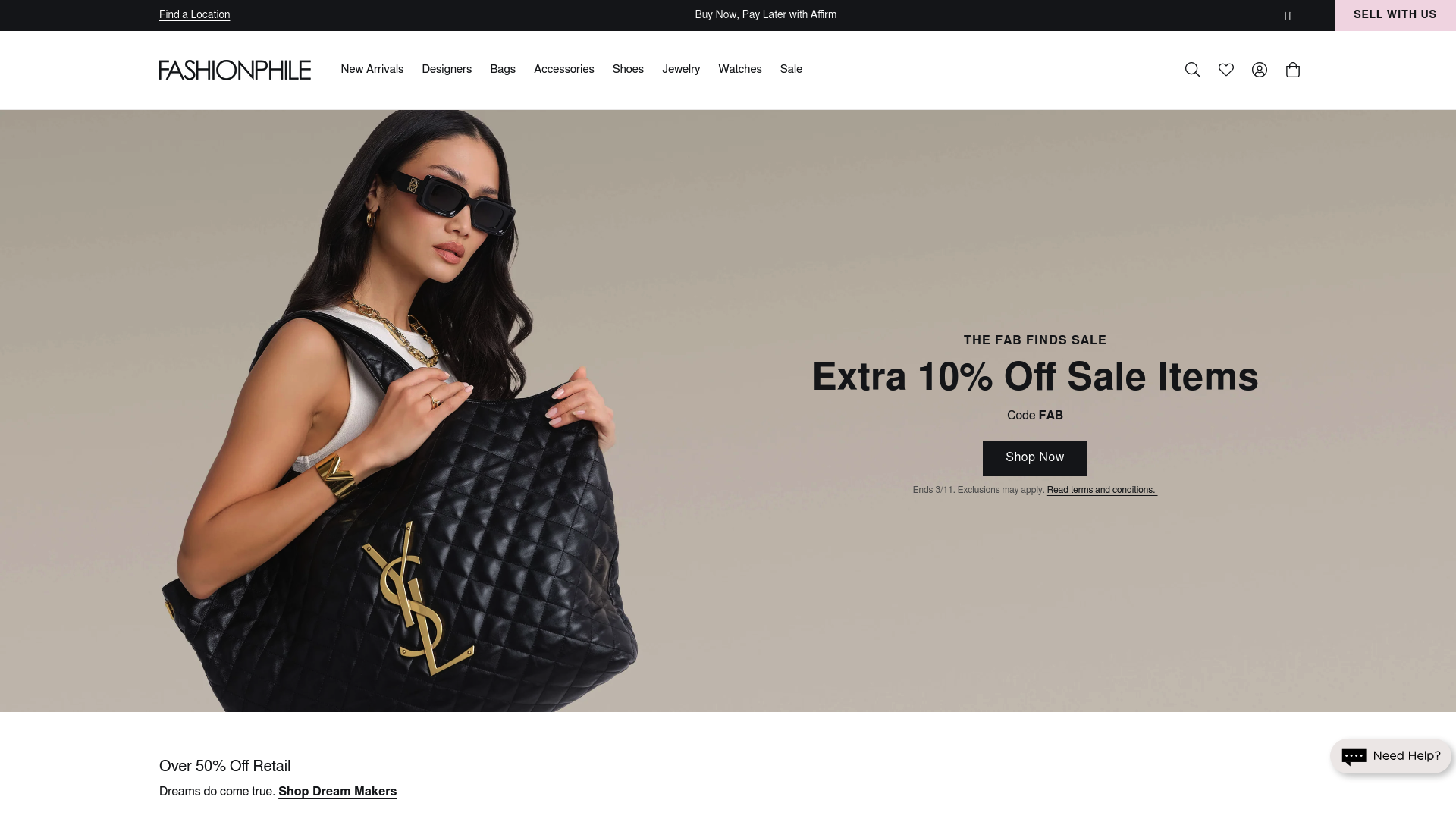 Fashionphile's homepage showcasing authenticated pre-owned luxury handbags and accessories.