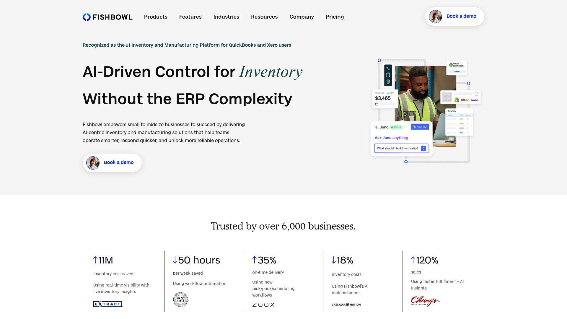 A screenshot of the Fishbowl Inventory homepage, one of the best AI warehouse management tools for SMBs using QuickBooks.