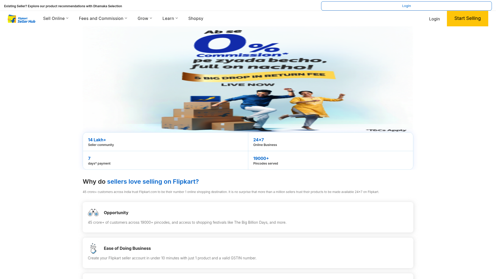 A screenshot of the Flipkart Seller Hub landing page, one of the essential Flipkart seller tools.