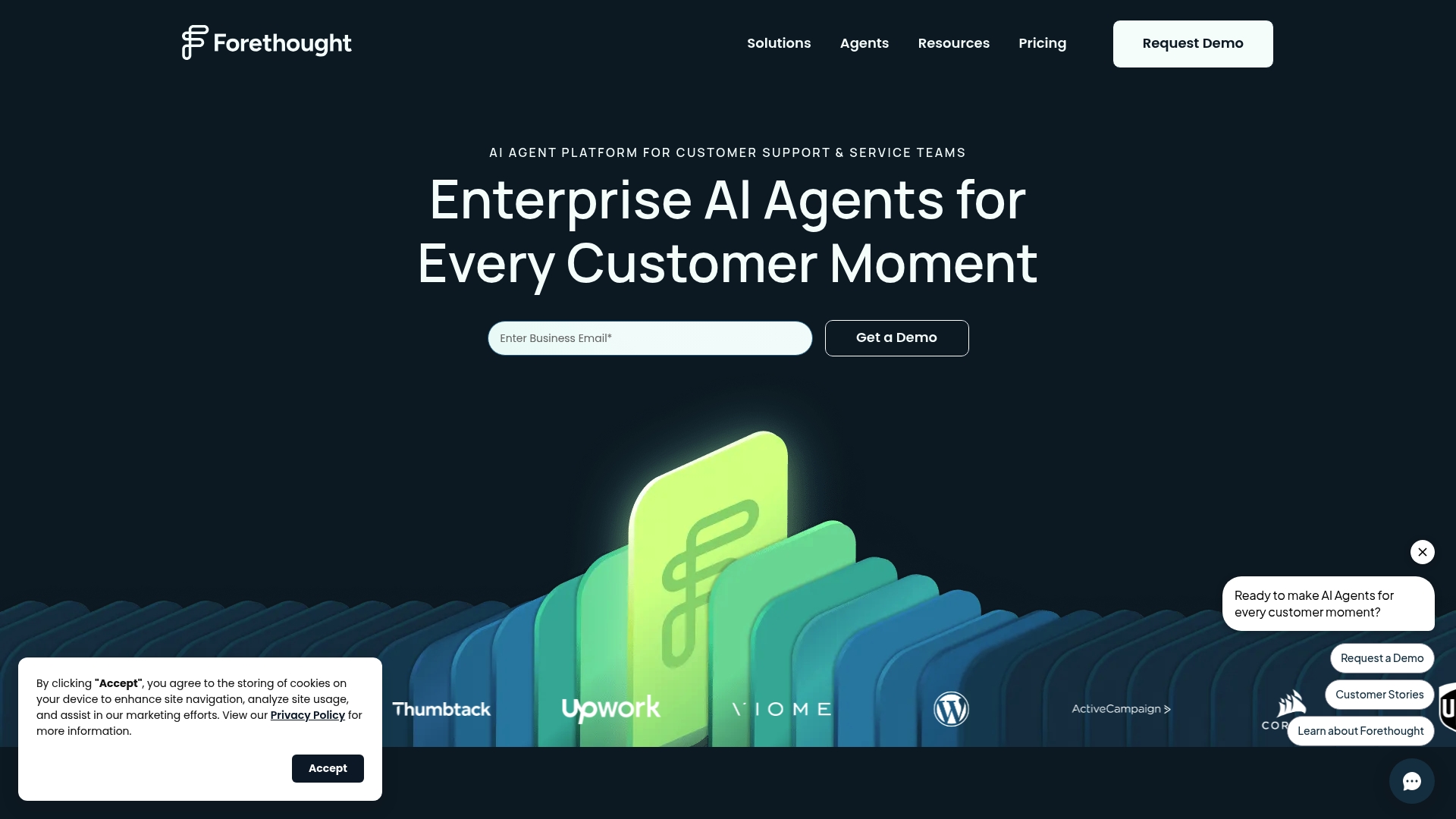 A screenshot of the Forethought homepage, an enterprise-focused option for AI tools for customer support teams.