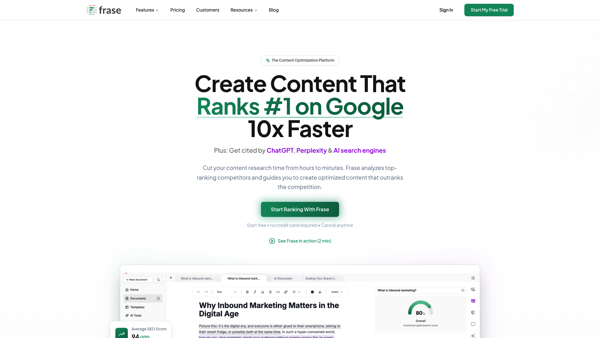 コンテンツブリーフ作成に最適なSEO最適化AIツールの一つである、Fraseのランディングページのスクリーンショット。