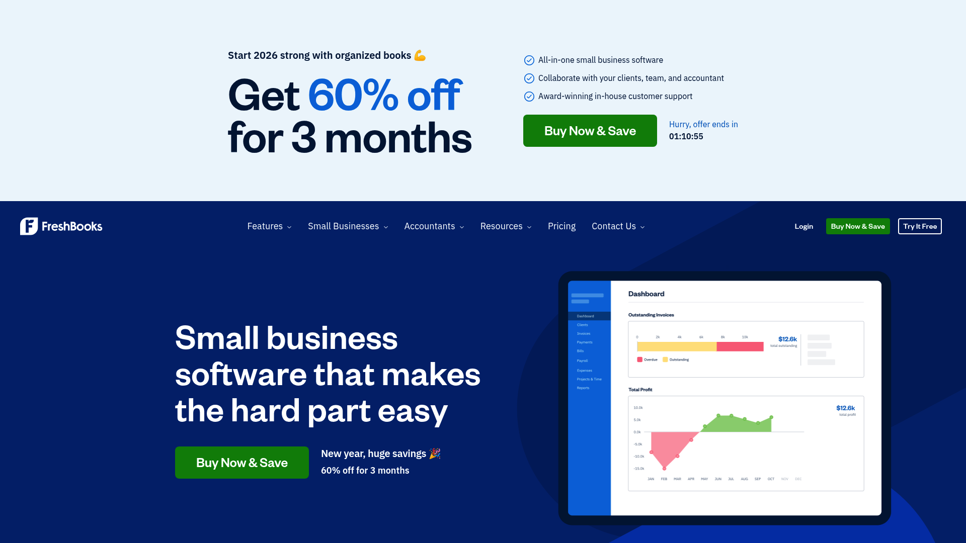 A screenshot of the main landing page for FreshBooks, a top small business accounting software designed for service businesses.